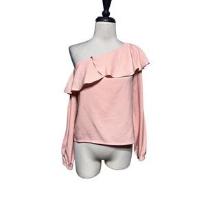 MINKPINK Long Sleeve Boho One Shoulder Pink Linen Blouse Size XS